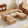 Elegant Chenille Sofa With Storage Seat And Ottoman U Shaped 3 Seater Cylindrical Backrest And Armrests - Camel - Image 10