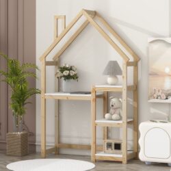 House-Shaped Wooden Writing Desk, Kids Study Table, Bookshelf & Toy Storage - Natural