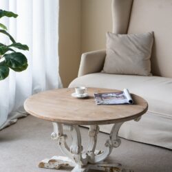 Round Wooden Coffee Table With Distressed Scrollwork Legs - Multicolor