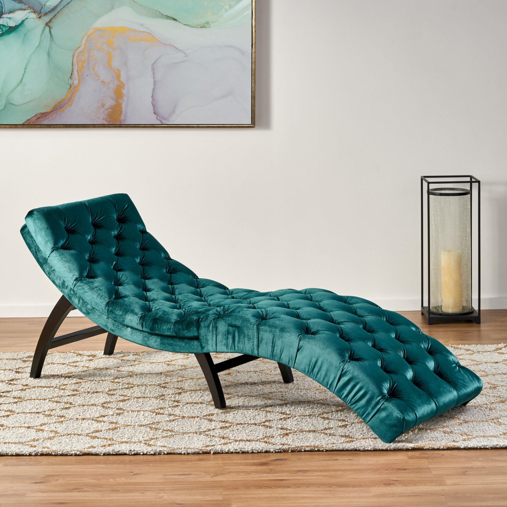 Elegant Tufted Chaise Lounge With Curved Design - Teal - Image 2