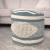 Diamond - Handcrafted Fabric Cylindrical Pouf - White / Teal - Image 2
