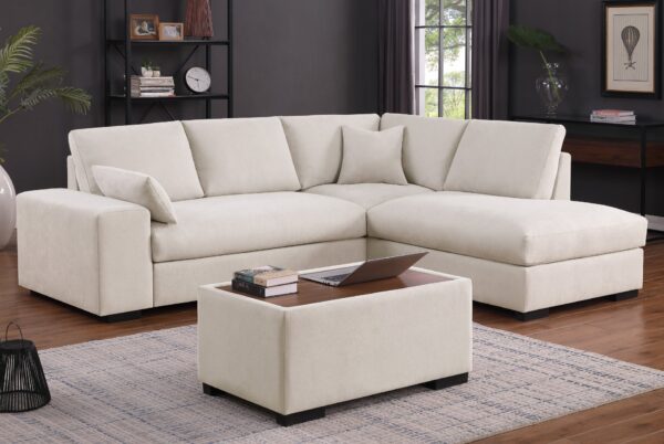 Joshua - Woven Fabric Sectional Sofa With Right Facing Chaise and Console Ottoman - Beige