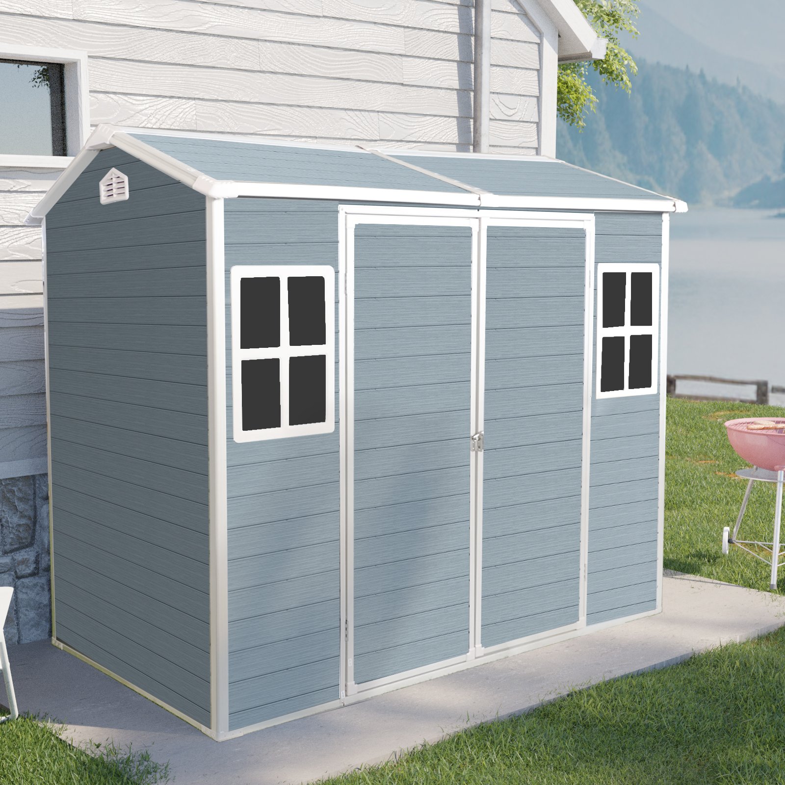 8 X 4Ft Resin Outdoor Storage Shed With Two - Window And Double - Door, Plastic Shed With Floor For Gargen, Patio, Yard, Lawn - Gray - Image 2