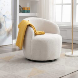 Teddy Fabric Swivel Accent Armchair Barrel Chair With Powder Coating Metal Ring - Ivory White