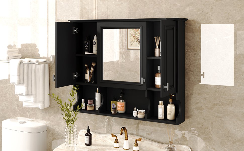 Wall Mounted Bathroom Medicine Cabinet, Modern Bathroom Wall Cabinet With Mirror, Mirror Cabinet With Open Shelves - Black - Image 22