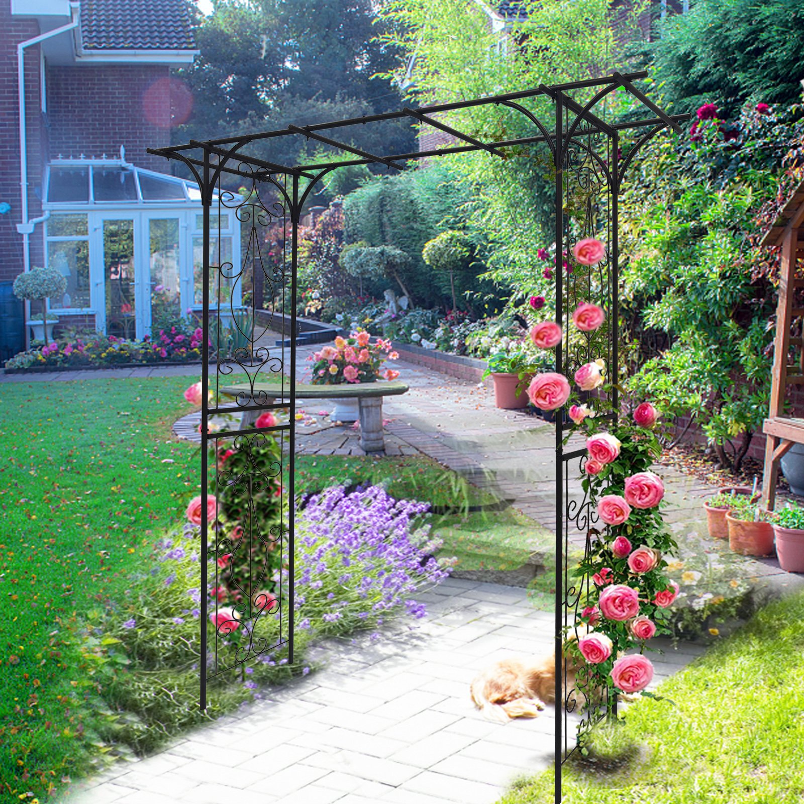 Metal Garden Arch Climbing Plants Support Rose Arch Outdoor - Black - Image 10