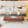 Modern 2 Tier Coffee Table With Drawer Clear Tempered Glass, Multifunctional Storage - Transparent / Wood - Image 8