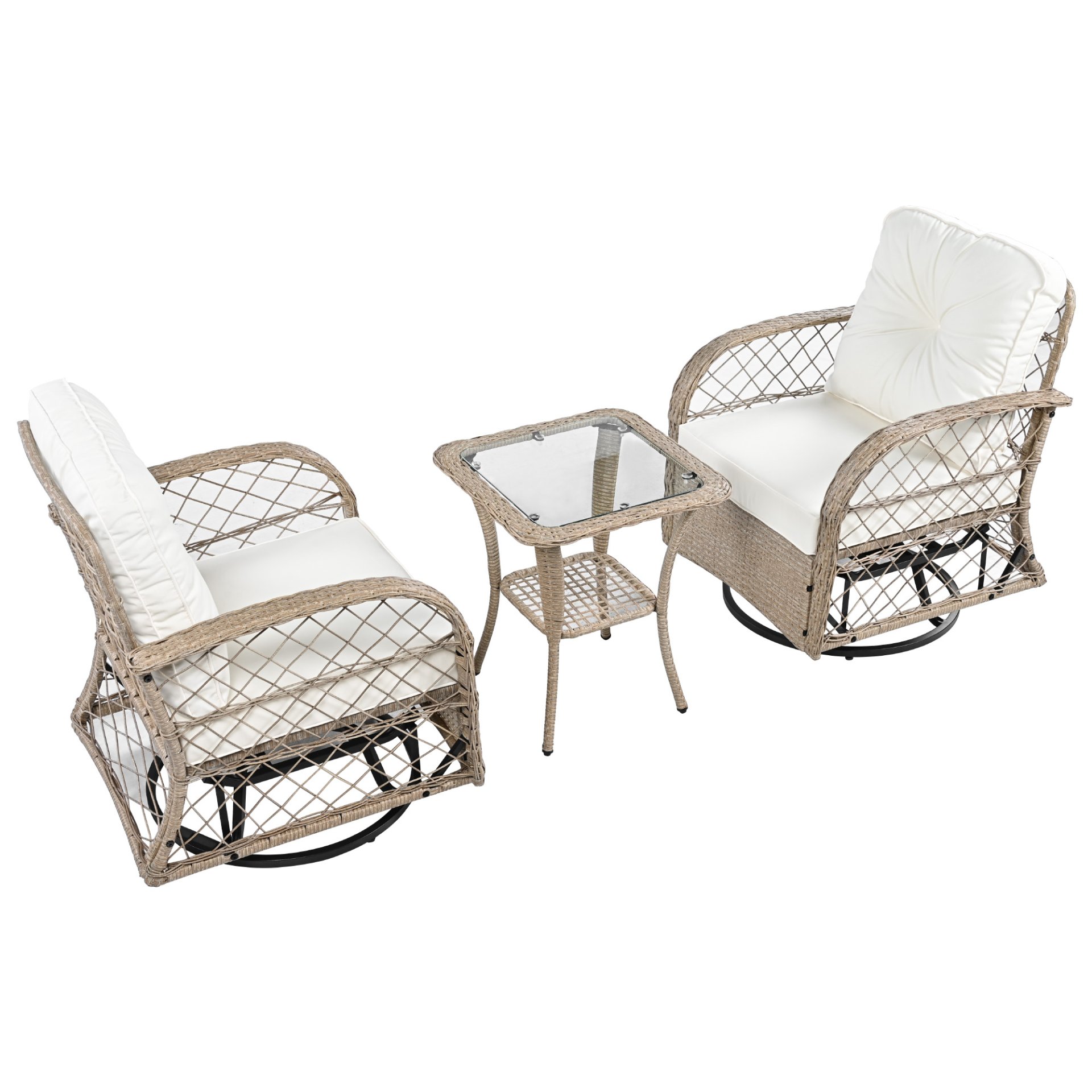 3 Piece Outdoor Chair & Table Set Chat Set 2 Person Rattan Seating Group With 2 Swiveling And Rocking Chairs And A Square Table For Garden, Patio, Or Balcony - Natural - Image 17