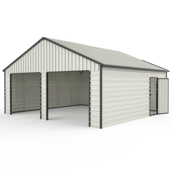 Double Garage Metal Shed With Side Entry Door, Can Storage Power Tools, Motorized Machinery, Farm Equipment, Pick Up Truck - Cream