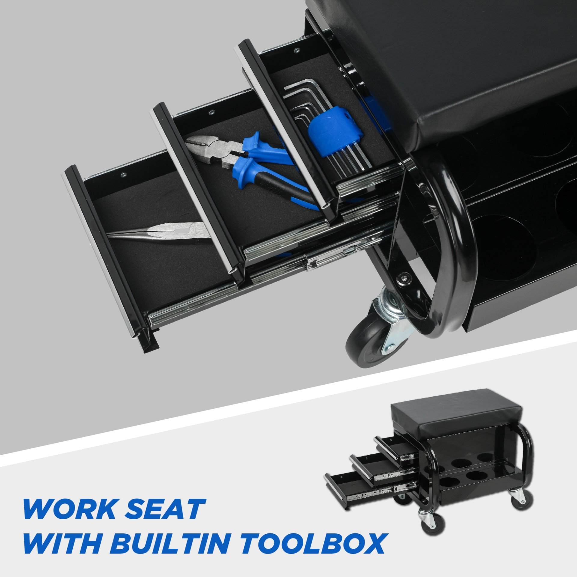 Rolling Creeper Garage Seat With 3 Built In Drawers, Rolling Tool Chest For Shop Or Garage - Black - Image 5