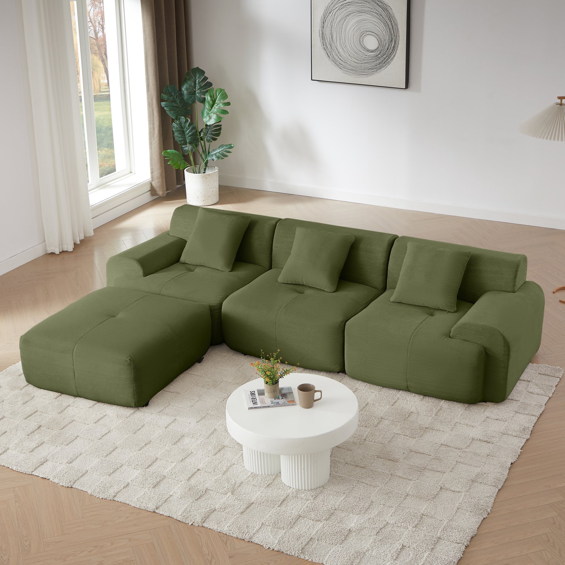 L Shaped Modular Sectional Sofa, Oversized 3 Seater With Deep Seat And Movable Ottoman - Green - Image 10