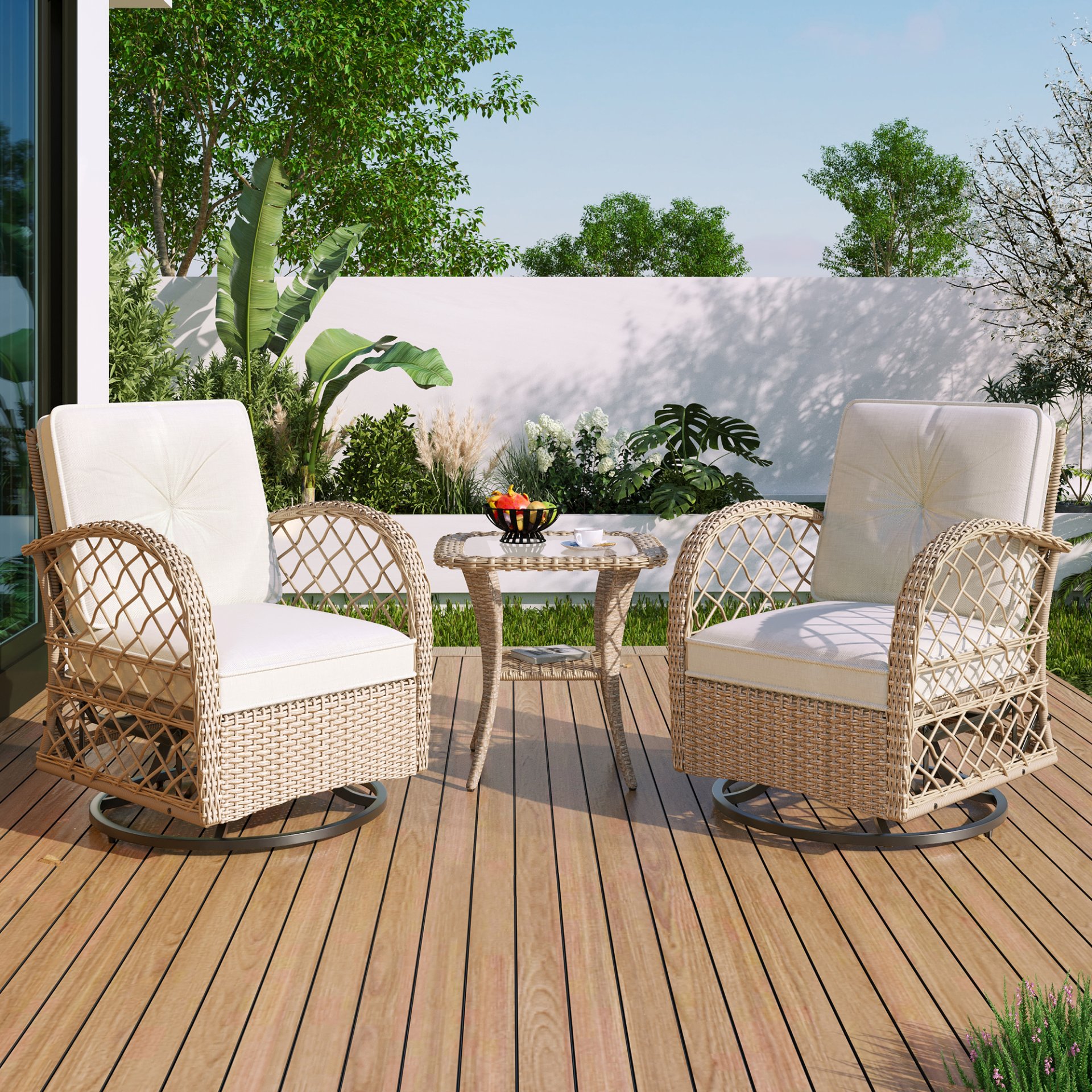 3 Piece Outdoor Chair & Table Set Chat Set 2 Person Rattan Seating Group With 2 Swiveling And Rocking Chairs And A Square Table For Garden, Patio, Or Balcony - Natural - Image 2