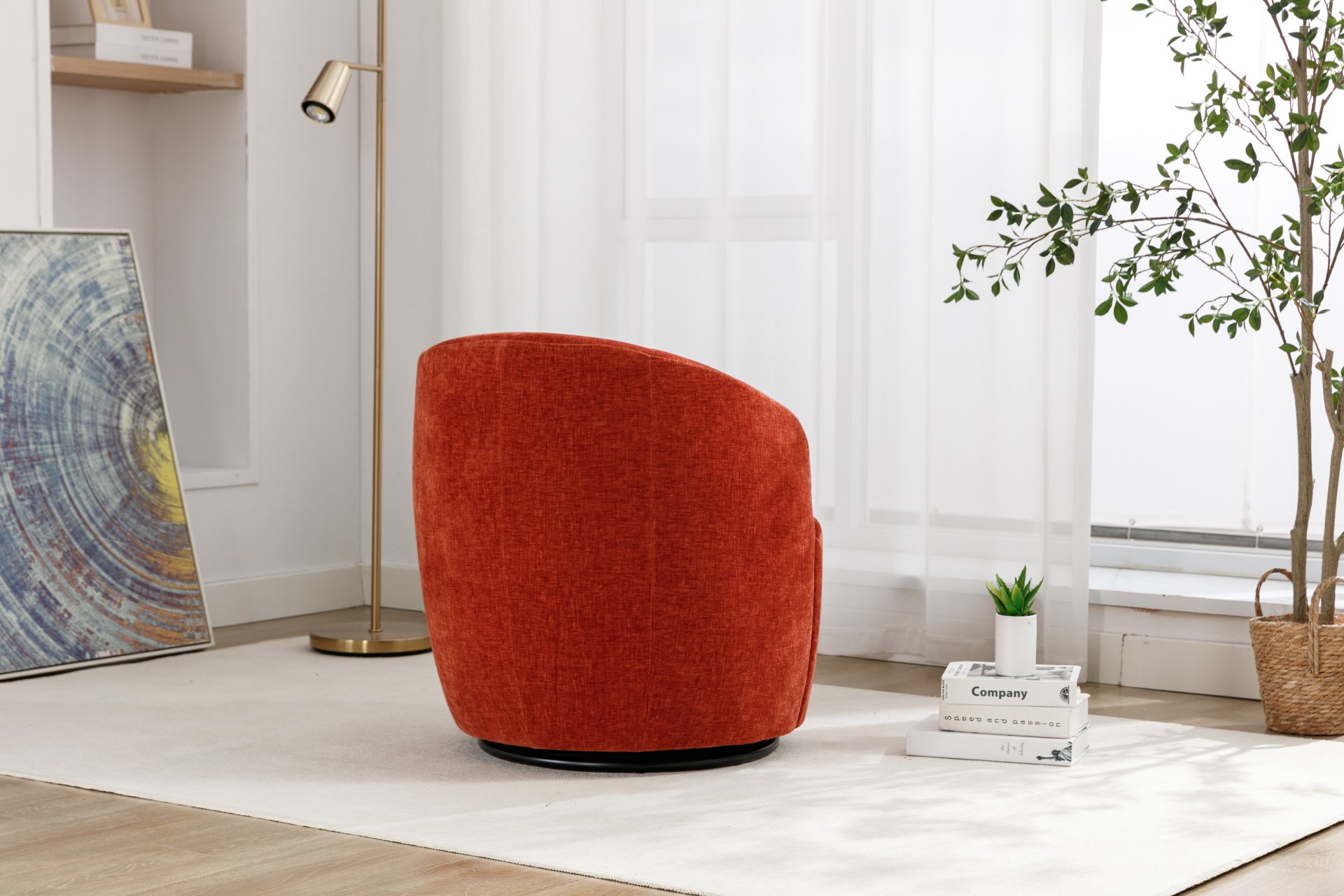 Chenille Fabric Swivel Accent Armchair Barrel Chair With Black Powder Coating Metal Ring - Orange - Image 13