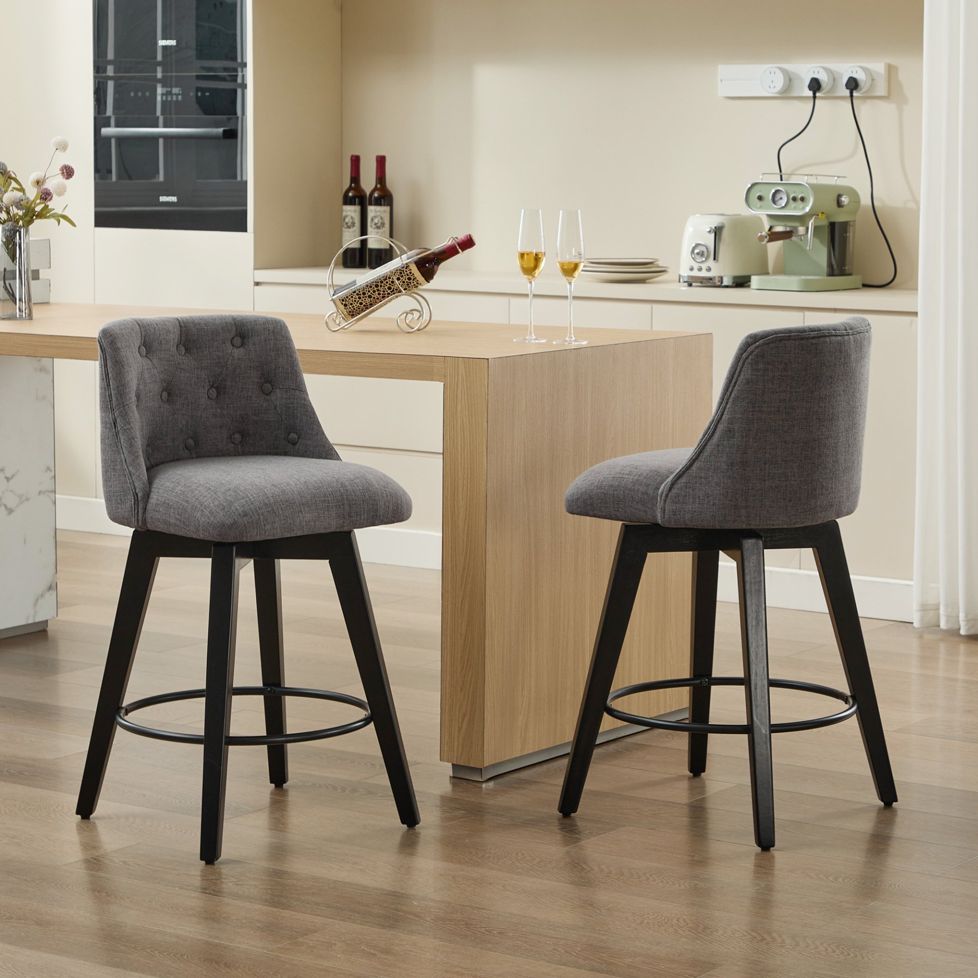 Swivel Bar Stools (Set of 2) Modern Counter Height Stools With Linen Upholstery & Button Tufted Back For Kitchen Island, Breakfast Bar Or Home Pub - Dark Gray - Image 9