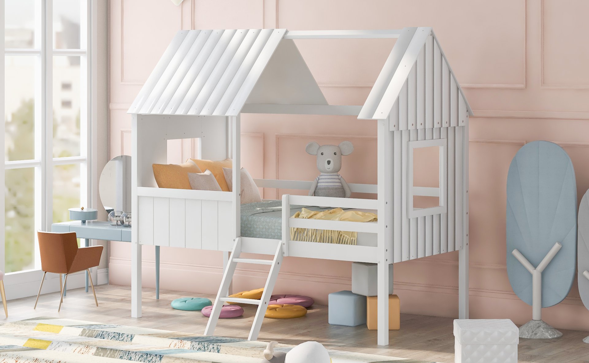 Twin Size Low Loft House Bed With Two Side Windows - White - Image 14