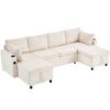Sectional Sofa Pull Out Sofa Bed Versatile Sofa Sleeper With Large Storage Space, Two USB Ports And Two Cup Holders For Living Room - Beige - Image 22