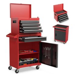 Tool Chest, 5 Drawer Rolling Tool Storage Cabinet With Detachable Top Tool Box, Liner, Universal Lockable Wheels, Adjustable Shelf, Locking Mechanism, Metal Tool Cart For Garage Workshop - Red