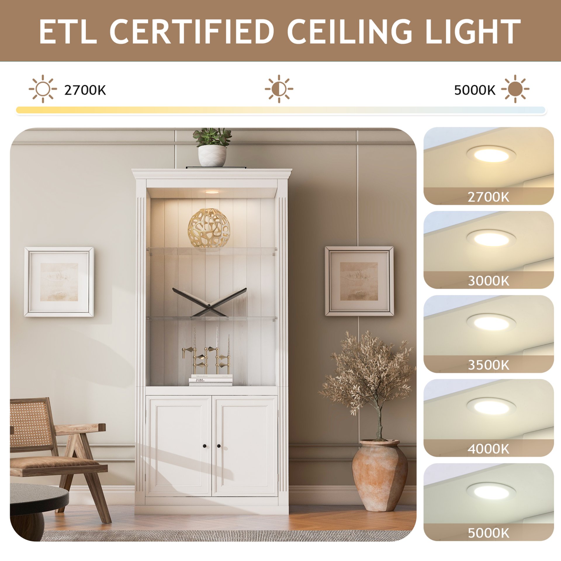 Retro Style Display Bookcase With Adjustable LED Ceiling Light And Tempered Glass Shelves - White - Image 5