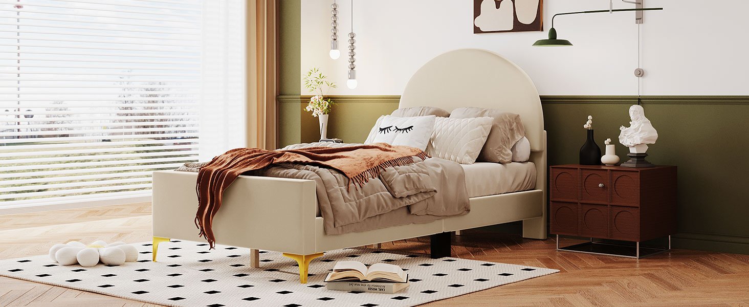 Twin Size Upholstered Platform Bed With Classic Semi-Circle Shaped Headboard And Mental Legs - Beige - Image 11