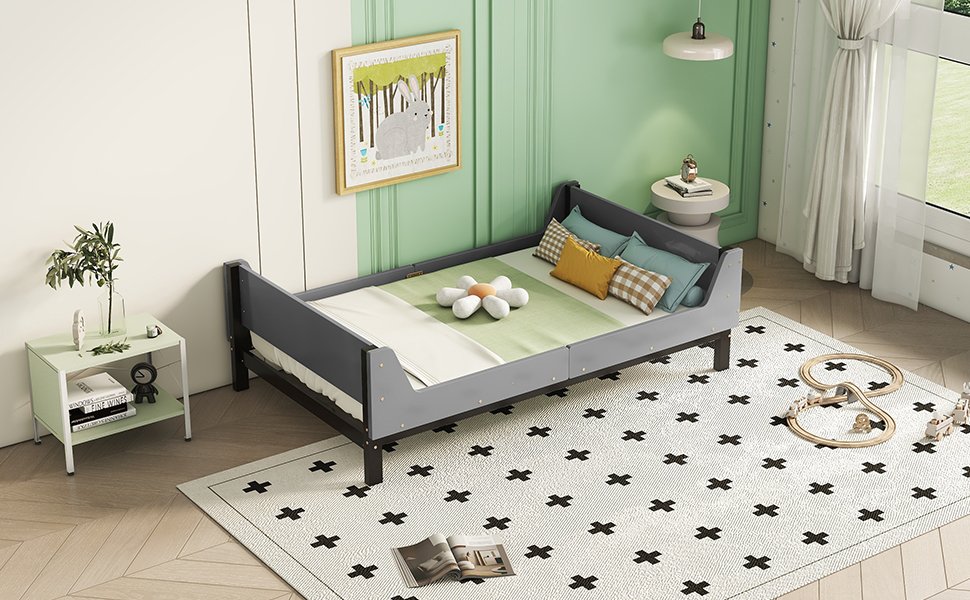 Twin Bed With Headboard, Footboard, Safeguards, Built-In Bed-End Book Storage Rack - Gray - Image 18