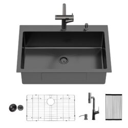 30" Drop In Kitchen Sink With Pull Out Faucet And Soap Dispenser 16 Gauge T 304 Single Bowl Topmount Sink - Gunmetal Black