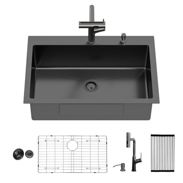 30" Drop In Kitchen Sink With Pull Out Faucet And Soap Dispenser 16 Gauge T 304 Single Bowl Topmount Sink - Gunmetal Black