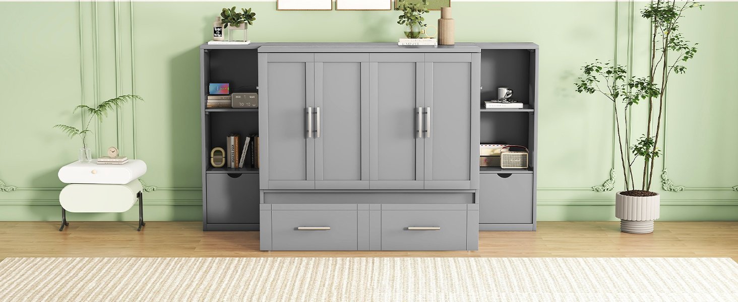 Queen Size Murphy Bed With Shelves, Drawers And USB Ports - Gray - Image 17