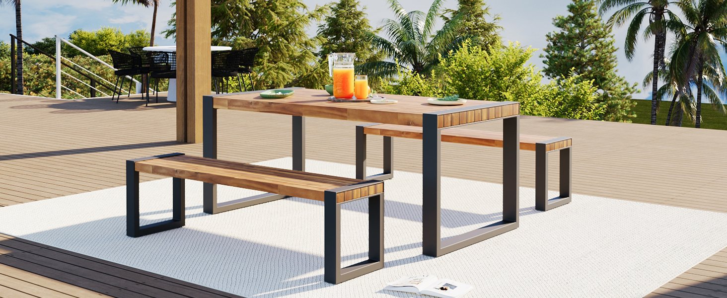 3 Pieces Outdoor Dining Table With 2 Benches, Patio Dining Set With Unique Top Texture, Acacia Wood Top & Steel Frame, All Weather Use, For Outdoor & Indoor - Natural - Image 4