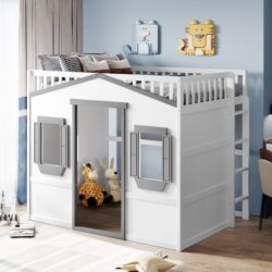 Full Size House Loft Bed With Ladder - White / Gray