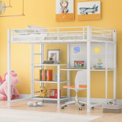 Full Size Loft Bed With Desk And Whiteboard, Loft Bed With 3 Shelves And Ladder - White