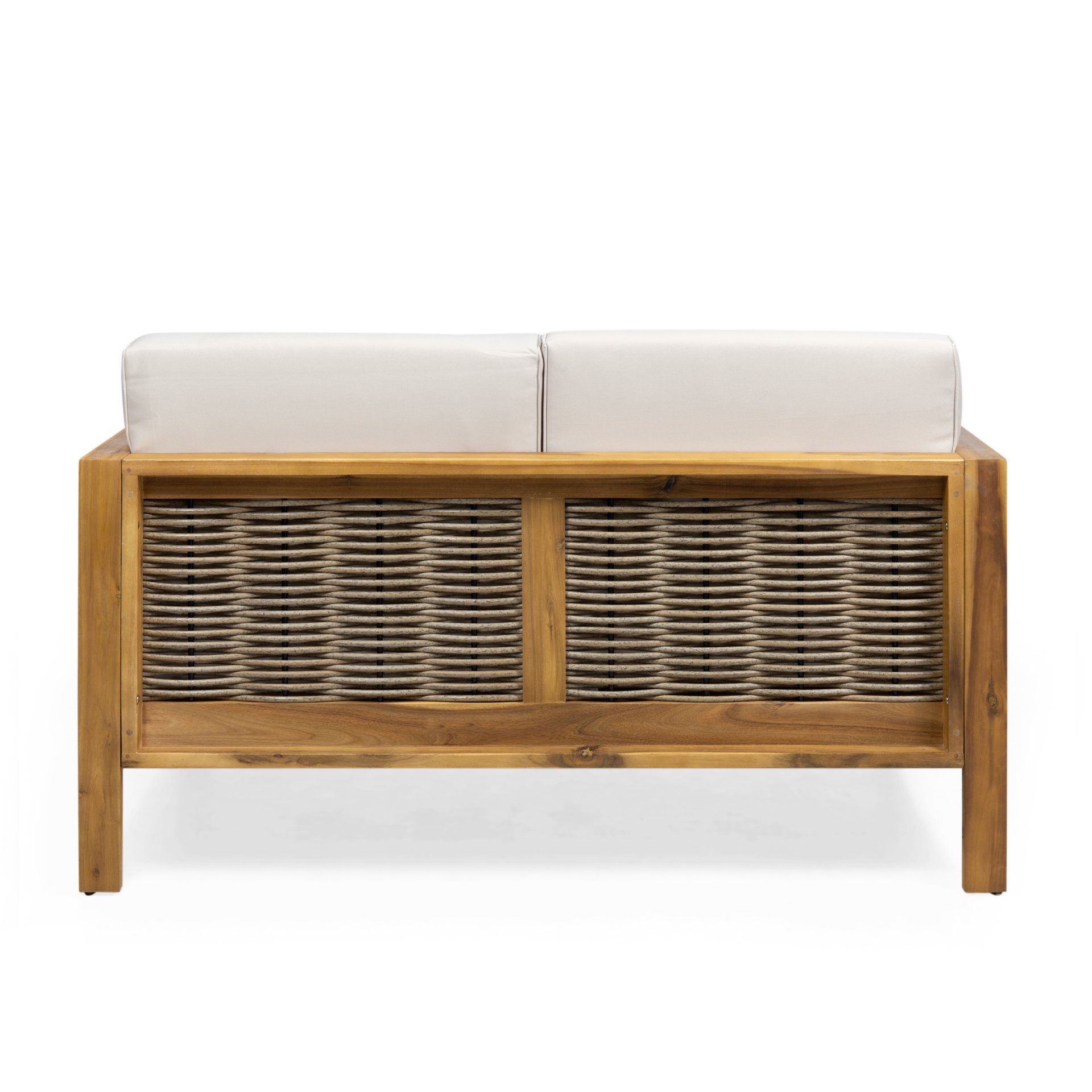 Outdoor 4 Seater Acacia Wood Chat Set With Wicker Accents And Cushions - Teak / Mixed Brown / Beige - Image 11