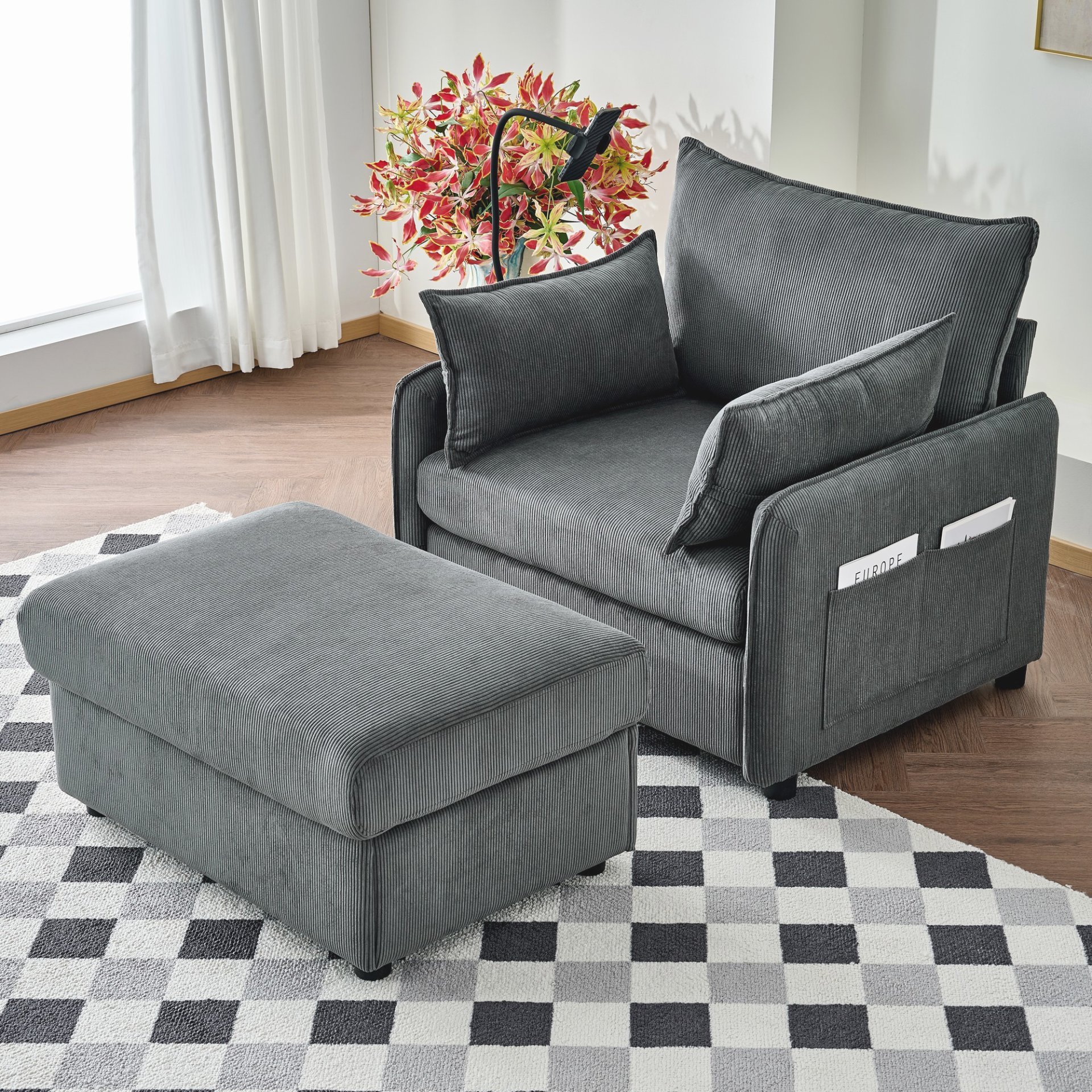 Comfy Corduroy Oversized Chaise Lounge Chair With Ottoman And Storage - Gray - Image 5