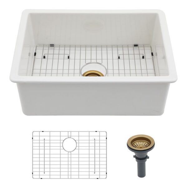 27" Undermount Single Bowl Kitchen Sink Rectangular Deep Bas With Dual Mount Installation - White