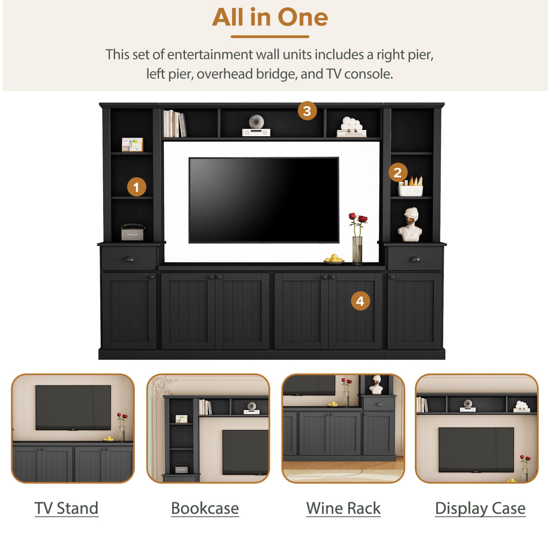Minimalist - Entertainment Wall Unit Set With Bridge For TVs Up To 75", Ample Storage Space TV Stand With Adjustable Shelves - Black - Image 6