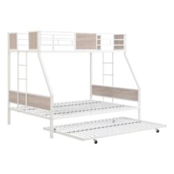 Twin Over Full Metal Bunk Bed With Trundle, 2 Side Ladder, Full Length Guardrail - Brown / White