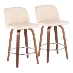 Toriano - Mid-Century Modern Fixed-Height Counter Stool & Round Footrest (Set of 2) - Walnut / Cream