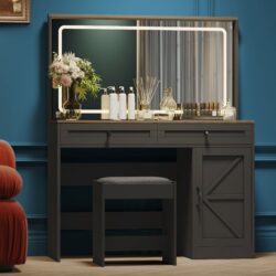 Makeup Vanity Table, Makeup Table With Large Mirror And LED Light Strip, Brightness Adjustable, Dressing Table Desk With 3 Drawers, Vanity Desk For Women (With Stool) - Black