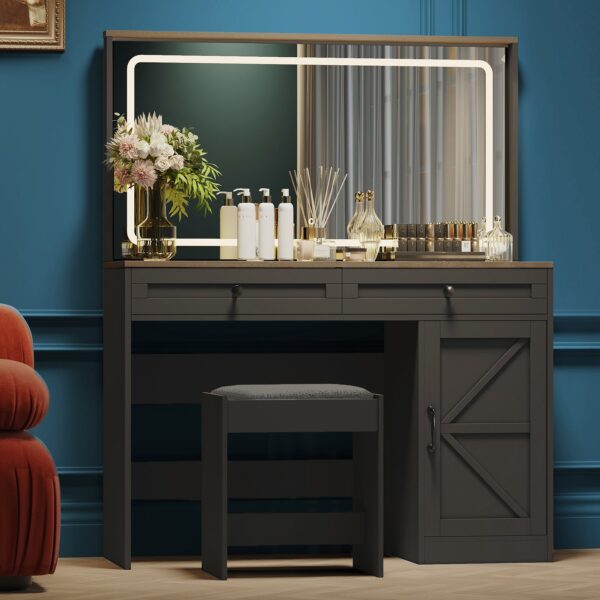 Makeup Vanity Table, Makeup Table With Large Mirror And LED Light Strip, Brightness Adjustable, Dressing Table Desk With 3 Drawers, Vanity Desk For Women (With Stool) - Black