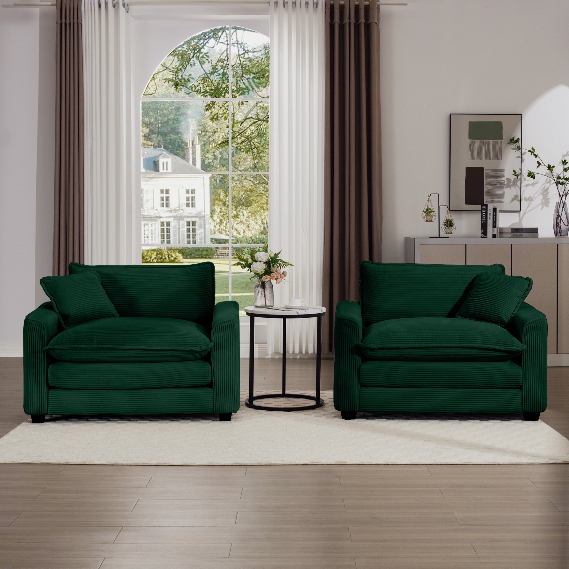 Luxurious Deep Seated Sofa Set With 2 Single Chairs Corduroy Fabric For Bedroom And Office - Green - Image 11