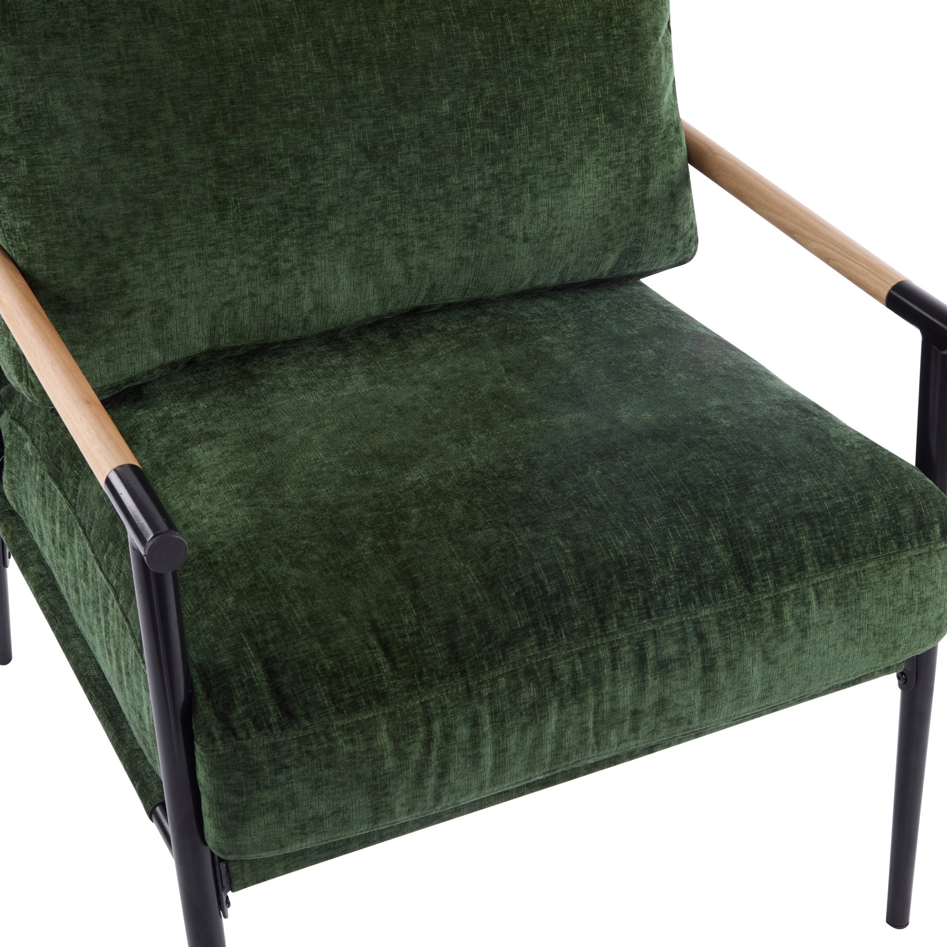Modern Accent Chair With Plush Cushions, Minimalist Metal Frame, Wooden Armrest Design - Green - Image 11