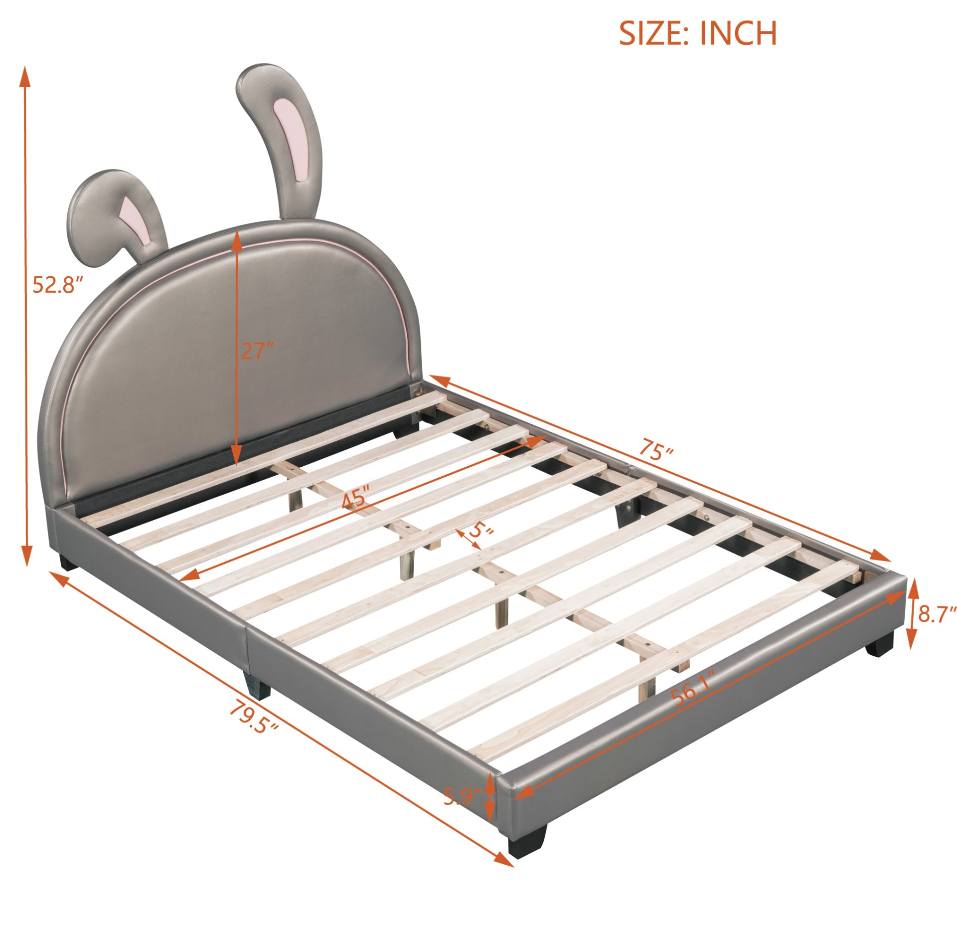 Full Size Upholstered Leather Platform Bed With Rabbit Ornament - Gray - Image 6