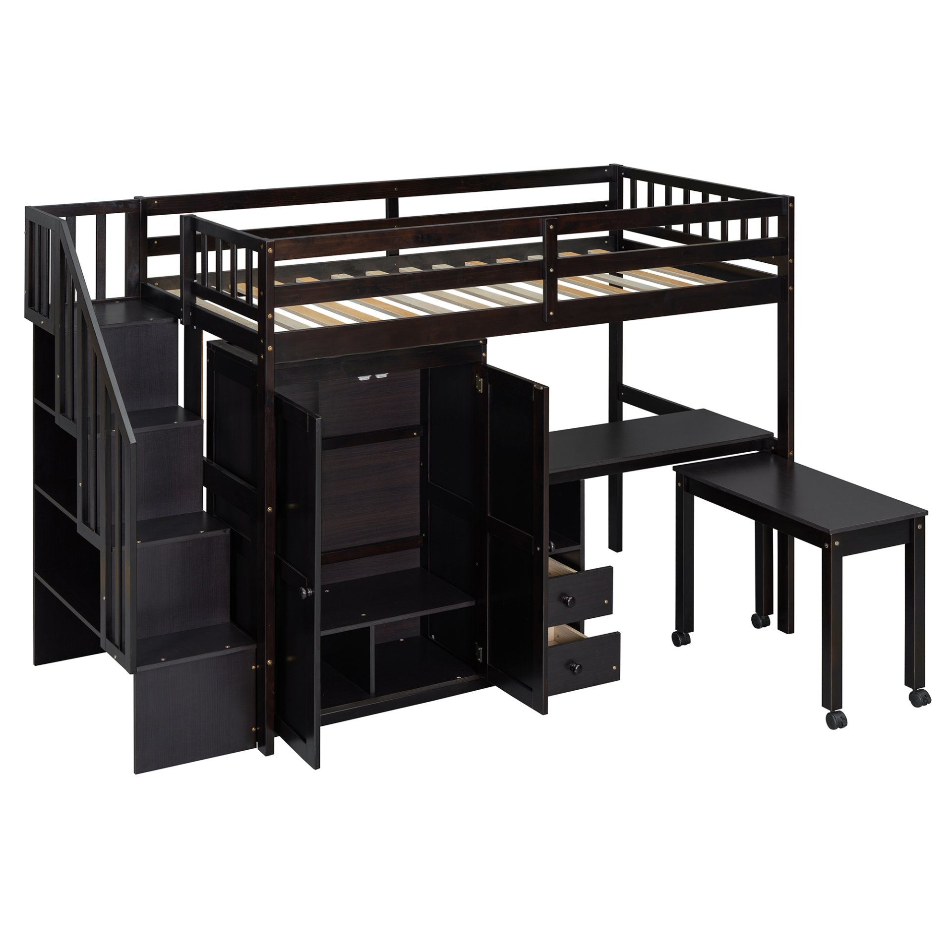 Twin Size Loft Bed With Stairs, Bookshelf, Drawers, Desk & Wardrobe, Space Saving Multifunctional Furniture - Espresso - Image 9