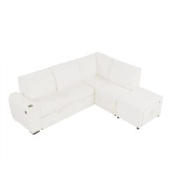 Sectional Sofa Pull Out Sofa Bed L - Shaped Sofa With Movable Ottoman And Stool, Large Storage Space, A Cup Holder, And 2 USB Ports For Living Room - Creamy White