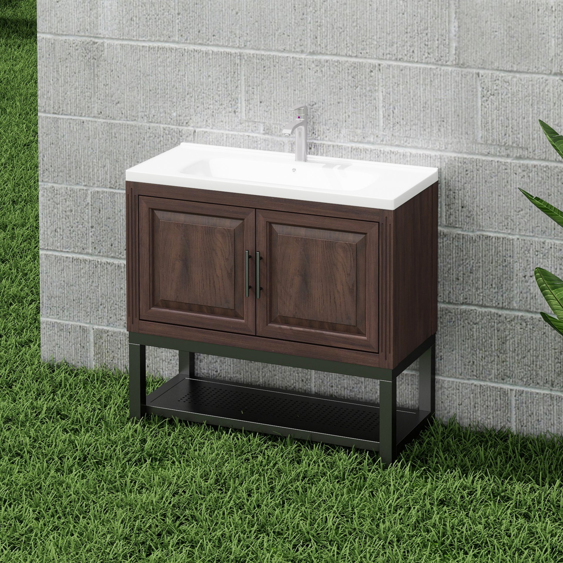 Modern Freestanding 36" Bathroom Vanity With Ceramic Sink, Hot And Cold Faucet, 2 Door Cabinet & Open Iron Shelf - Walnut - Image 5