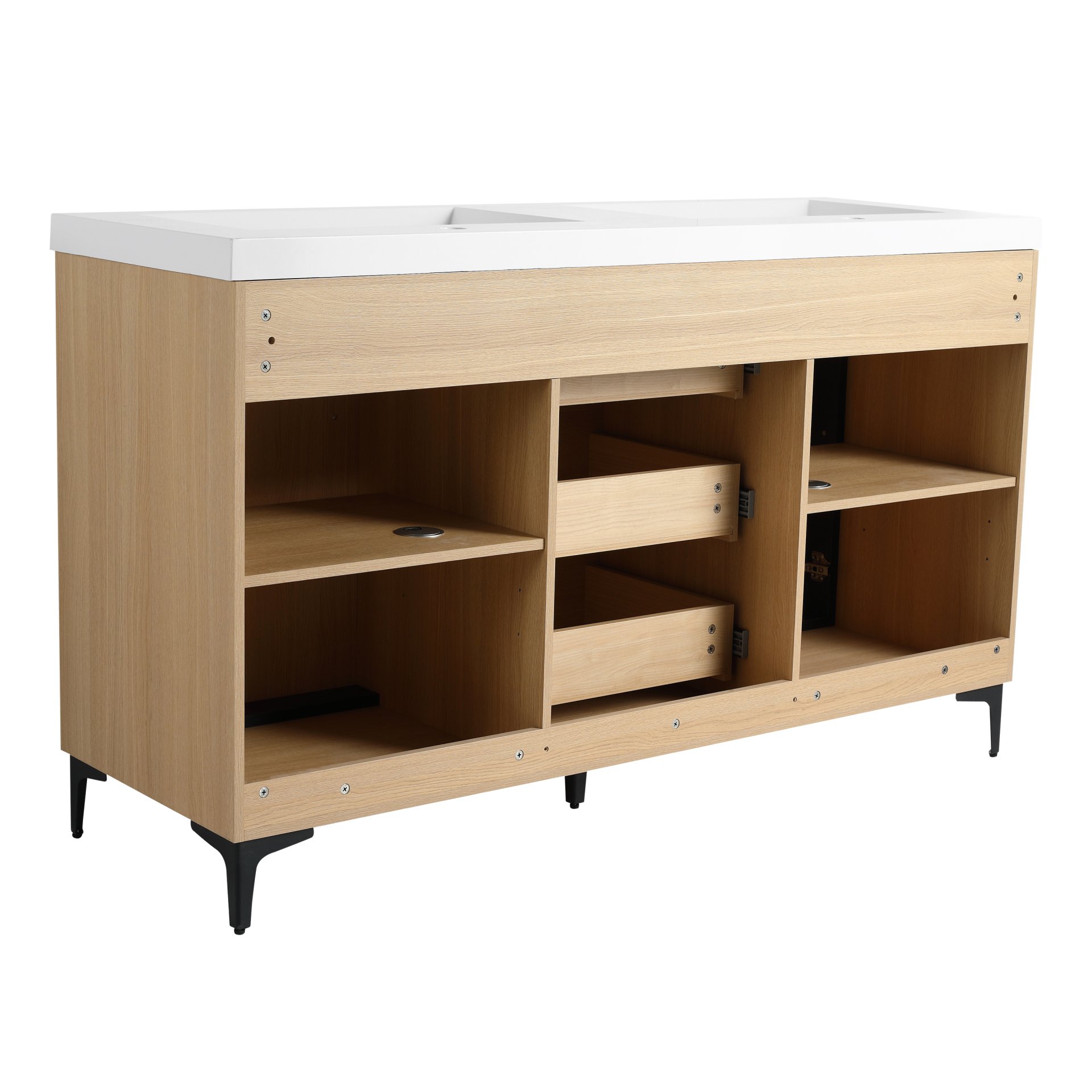Original 60" Freestanding Bathroom Vanity With Double Resin Sink Plywood Soft Closing Doors & Drawers - Oak - Image 10