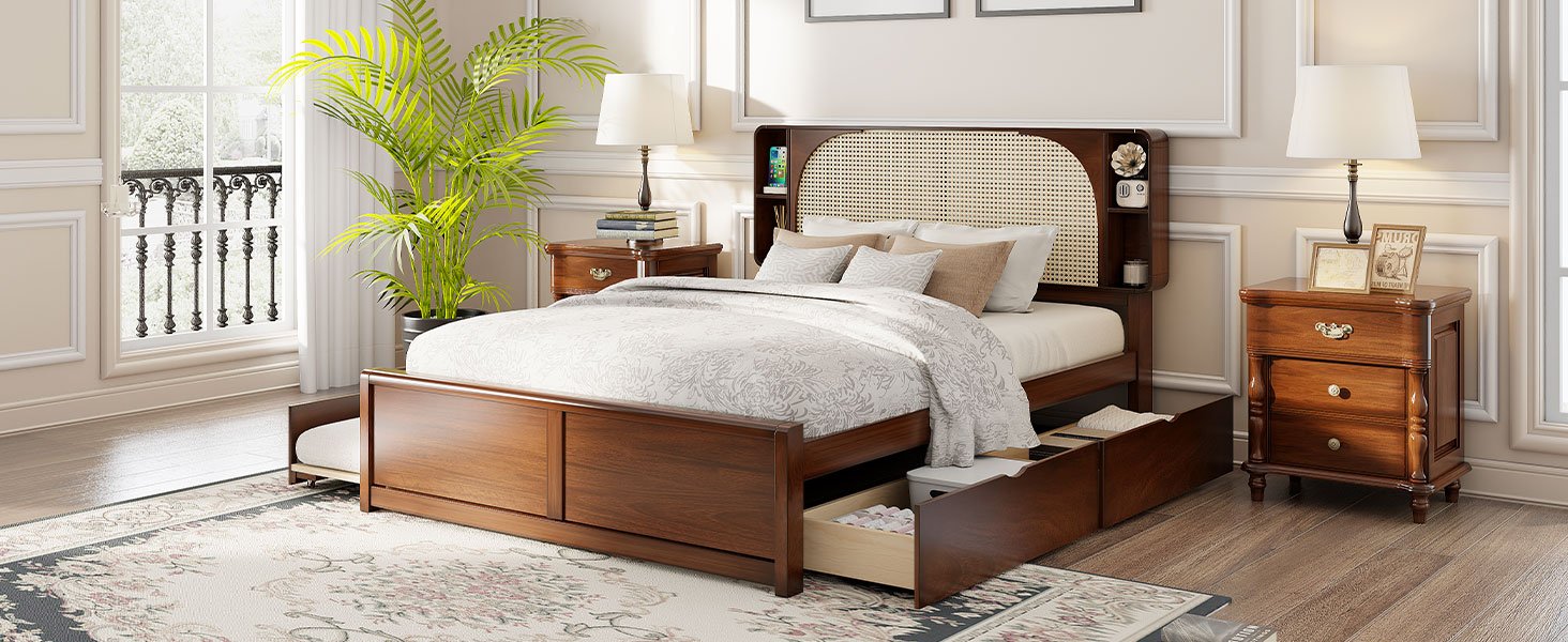 Queen Size Headboard Bed With 2 Drawers And Trundle Walnut - Image 17