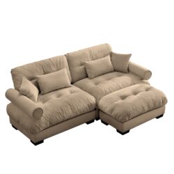 Modern Velvet 2 Seater Sofa With Ottoman Round Bolster Armrests Waist & Throw Pillows - Camel