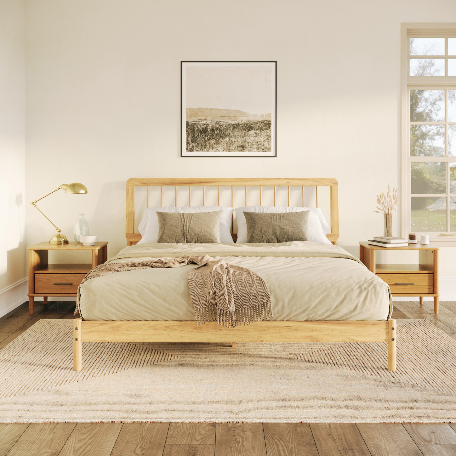Mid-Century Modern Solid Wood King Spindle Bed - Natural Pine - Image 4