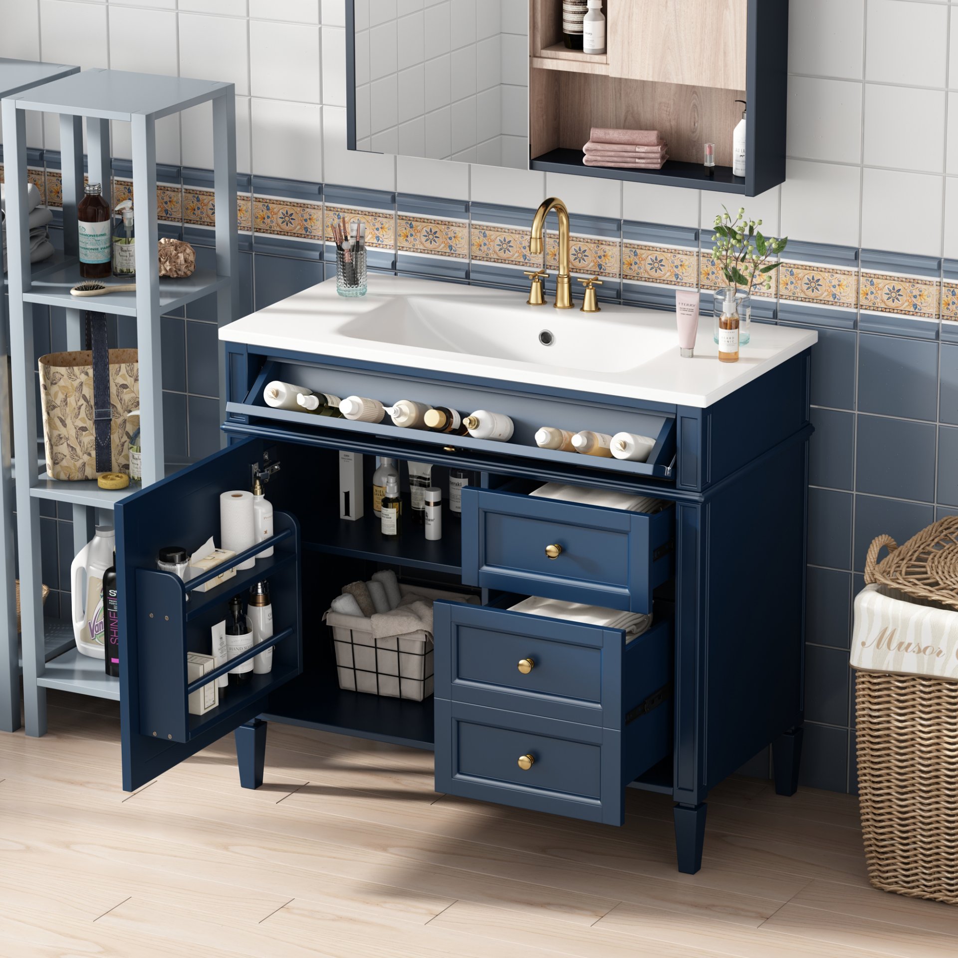 Bathroom Vanity With Top Sink, Modern Bathroom Storage Cabinet With 2 Drawers And A Tip-Out Drawer, Single Sink Bathroom Vanity - Blue - Image 3