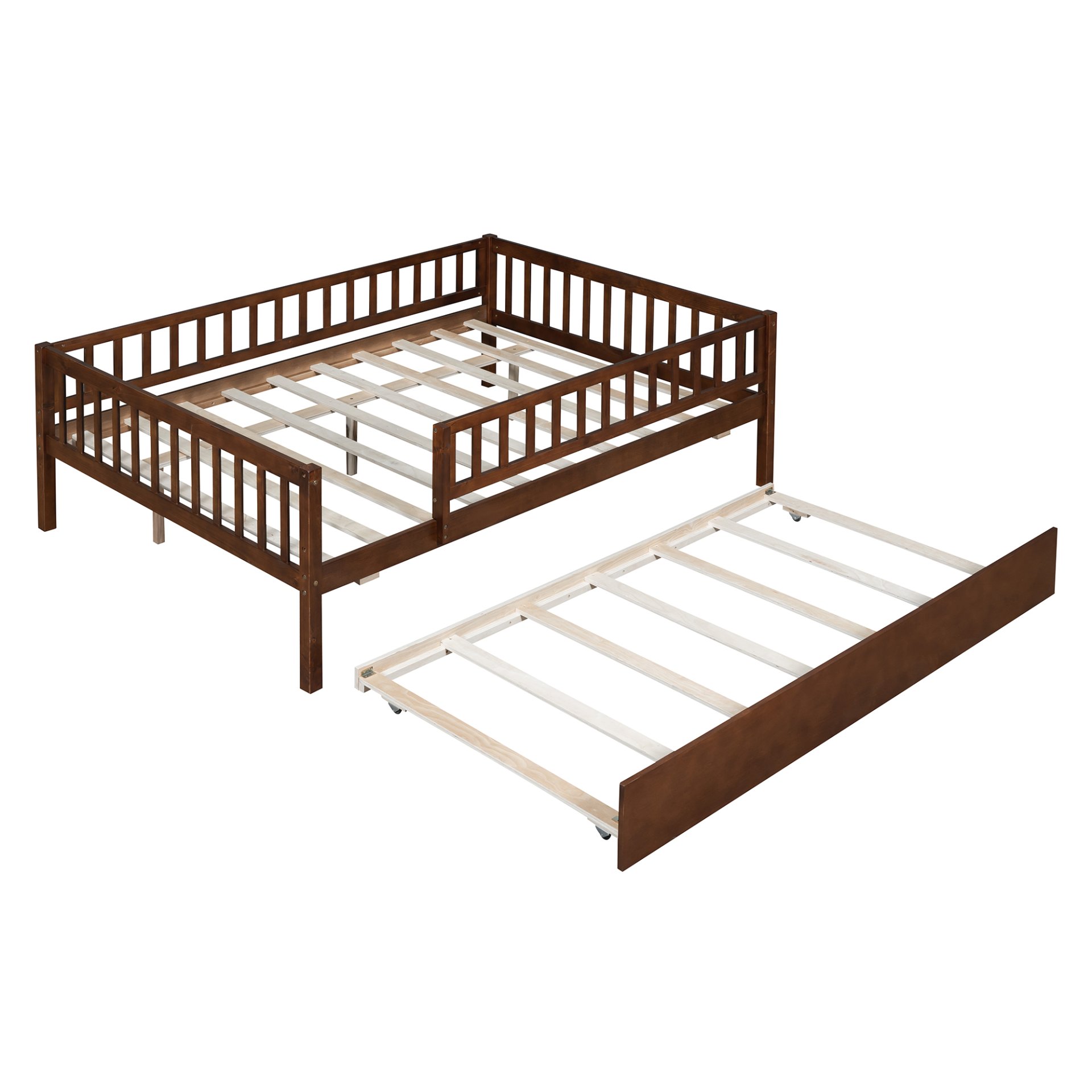 Full Size Daybed With Trundle And Fence Guardrails - Walnut - Image 5